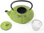 Japanese Antique 27 Fl Oz Green Dragonfly Cast Iron Teapot Tetsubin with Infuser Tea Set with Trivet - Image 3