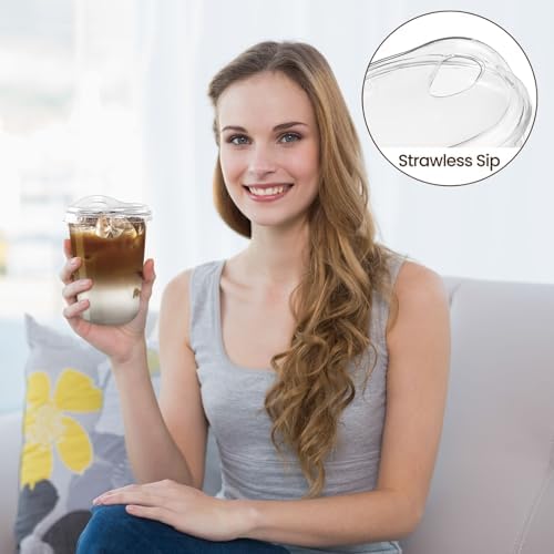 16 oz Round Bottom Clear Plastic Cups with Strawless Sip Lids, 100 Pack - Image 5