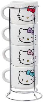 Silver Buffalo Sanrio Hello Kitty Different Colored Bows 4pc Stackable Ceramic Espresso Mug Set with Storage Rack, 3 Ounces - Image 2