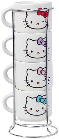 Silver Buffalo Sanrio Hello Kitty Different Colored Bows 4pc Stackable Ceramic Espresso Mug Set with Storage Rack, 3 Ounces - Image 2