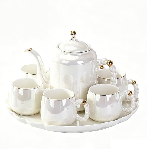 DEARART Luxury Pearl Ceramic Tea Set, 1 Teapot & 6 Cups with Serving Tray, Gold Rim Beaded Handle Porcelain Coffee Tea Service Set, Elegant White Tea Cup Set for Home Kitchen, Afternoon Tea etc by DEARART