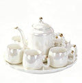 DEARART Luxury Pearl Ceramic Tea Set, 1 Teapot & 6 Cups with Serving Tray, Gold Rim Beaded Handle Porcelain Coffee Tea Service Set, Elegant White Tea Cup Set for Home Kitchen, Afternoon Tea etc by DEARART