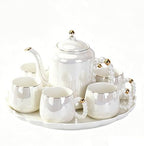 DEARART Luxury Pearl Ceramic Tea Set, 1 Teapot & 6 Cups with Serving Tray, Gold Rim Beaded Handle Porcelain Coffee Tea Service Set, Elegant White Tea Cup Set for Home Kitchen, Afternoon Tea etc by DEARART