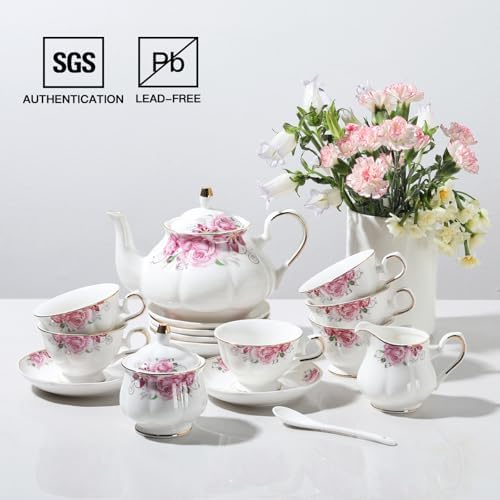 Sweejar Porcelain Tea Set Vintage Floral, British Relief Gold Rim Teapot Cup and Saucer Sets, 22-Piece Tea Sets for Adults, with Teapot, Sugar Bowl, Milk Jug, Spoons, Cup and Saucer (Flower) - Image 3