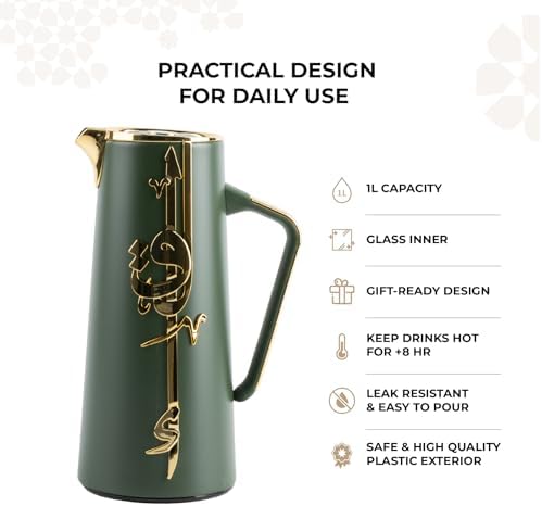 Insulated Carafe Flask 1L – For Coffee, Tea & Hot Beverages, Double Wall Stainless Steel Build, Spill Resistant Lid, Portable Serving Pitcher, Long Heat Hold, Gift Idea by Otantik(Olive & Gold) - Image 4