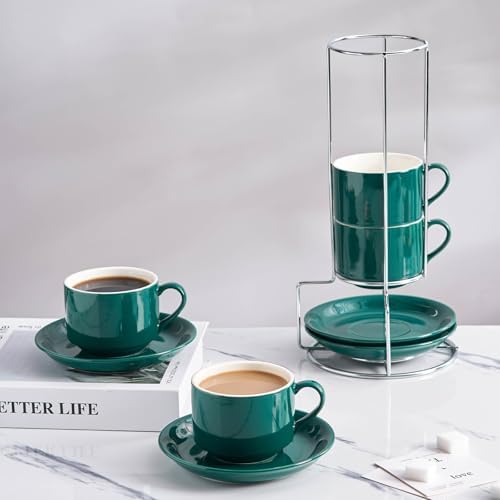 8 Ounce Stackable Cappuccino Cups with Saucers and Metal Stand - Image 7