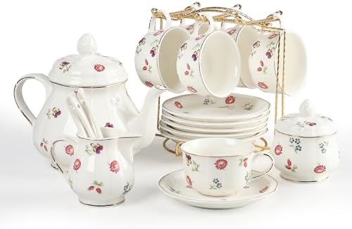 Sweejar 23 Pcs Floral Tea Sets with Metal Holder, Relief Gold Rim Porcelain Tea Sets for Adults, Cup and Saucer Set for 6, with Teapot, Sugar Bowl, Milk Jug, Spoons (Garden) by Sweejarco1949