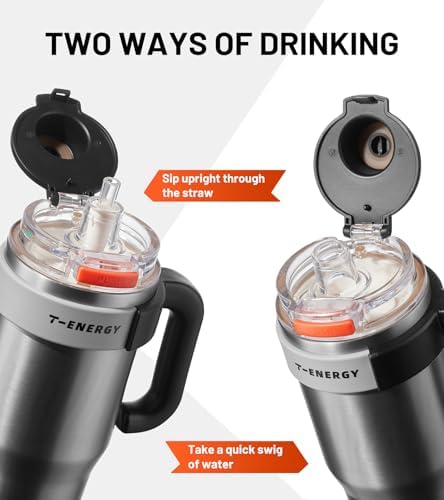 TKK 40 oz Insulated Tumblers with Handle and Straw, Stainless Steel Travel Mug with Ceramic Coating, Leak Proof Double Walled Iced Coffee Cup with Strainer for Hot & Cold Drinks, Steel - Image 3