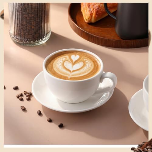 4 Set 16oz Cappuccino Cups with Saucers, Heavyweight Porcelain - Image 3