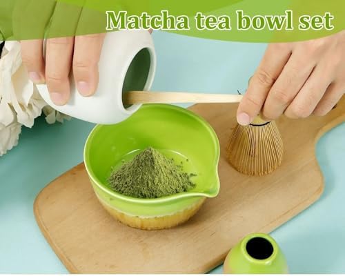 Ceramic matcha agitator, Matcha Whisk and Bowl Tea Set 4 Pcs Elegant Making Kit Includes with Mouth Holder Green - Image 4