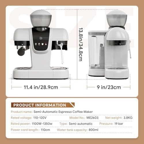 20 Bar Espresso Machine with Grinder & Steam Wand - Semi Automatic Coffee Maker, NTC Intelligent Temp Control, 58mm Stainless Steel Portafilter, One-Touch Panel for Home Barista (Removable Water Tank) - Image 5