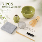 7 Pcs Matcha Set with Bamboo Whisk, Threaded Bowl & Holder, Matcha Green - Image 2