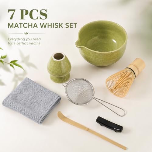 7 Pcs Matcha Set with Bamboo Whisk, Threaded Bowl & Holder, Matcha Green - Image 2