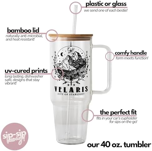 Sip-Sip Hooray! ACOTAR 40oz Glass Tumbler with Lid and Straw, Velaris Night Court Iced Coffee Cup, City of Starlight Bookish Gift for Fantasy Readers - Image 3