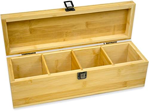 Bamboo Tea Organizer Box Chemical Free Eco-Friendly Big, Tall, Adjustable Cubbies Natural Wooden Storage Chest (4-Slot Rectangle 14.3"x 4.4" x 4.2" with TEA print design) - Image 5