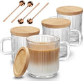 Mfacoy 4 PACK Glass Coffee Mugs with Handle & Spoon, 12 OZ Glass Coffee Cups with Bamboo Lid, Ribbed Glass Cups, Clear Tea Cup for Hot/Cold Beverages, Glassware Set for Americano, Latte, Cappuccino by Mfacoyisalifestylebrand