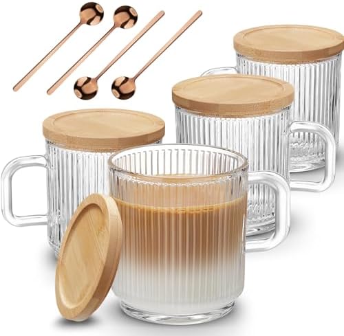 Mfacoy 4 PACK Glass Coffee Mugs with Handle & Spoon, 12 OZ Glass Coffee Cups with Bamboo Lid, Ribbed Glass Cups, Clear Tea Cup for Hot/Cold Beverages, Glassware Set for Americano, Latte, Cappuccino by Mfacoyisalifestylebrand