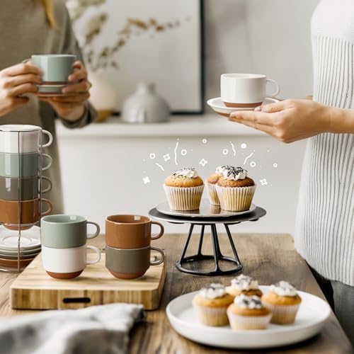 Sweese 8 Ounce Cappuccino Cups Set of 4, Porcelain Stackable Coffee Cups with Saucers and Metal Stand, Earthy Spectrum - Image 4