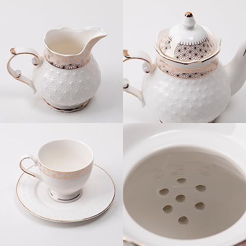 Sweejar 21 Pieces Porcelain Tea Set, Vintage Gold Trimmed Teapot Cup and Saucer Set, Tea Cup for Loose Tea, Sugar Bowl and Creamer Pitcher with Spoons, Service for 6(Classic Gold) - Image 6