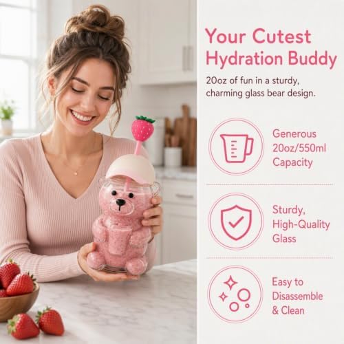Glass Bear Cup with Straw, Pink Cap Lid & Strawberry Topper,20 oz - Image 5