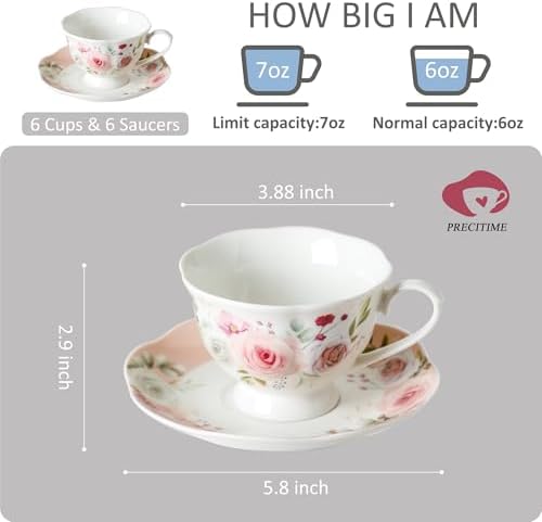 Rose Floral Complete Tea Set: 27oz Porcelain Teapot & 12-Piece 6oz Cup Set, Includes Teapot, 6 Cups & 6 Saucers, Dishwasher Safe, Elegant Gift Set - Image 3