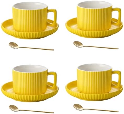 8 Ounce Cappuccino Cups Set of 4, Latte Mugs with Saucers and Spoons, Yellow Ceramic Coffee Mugs Tea Cups for Cappuccino Latte Mocha Au Lait Macchiato Cafe by AYUCIAPremiumCeramic