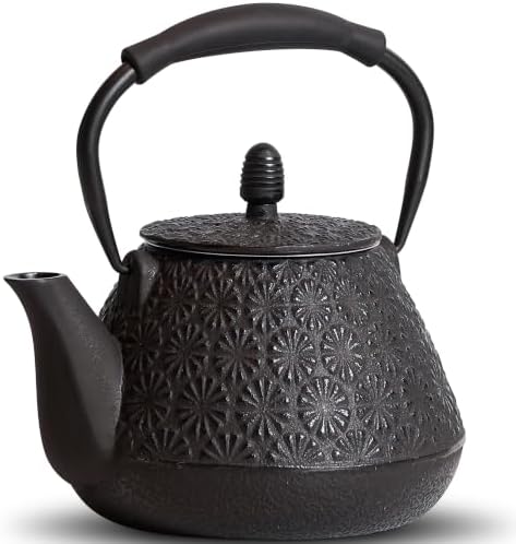 Cast Iron Teapot, 32oz Tea Kettle with Infuser for Stove Top, Sakura Blossom Pattern Japanese Tea Pot for Tea & Coffee Coated with Enameled Interior, Silicone Handle 950ml black by Unknown