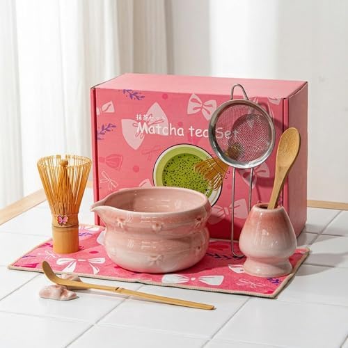 Matcha Whisk Set, 8 Pcs Japanese Ceremony Matcha Tea Powder Making Tools with Pink Bowknot Ceramic Bowl, Bamboo Whisk and Holder, Scoop, Strainer, Ideal for Mat-cha Lovers by simeiton