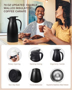 70Oz Thermal Coffee Carafe for keeping hot, Airpot Insulated Carafe Stainless Steel Thermal Pot for Coffee, (black+silver) - Image 5
