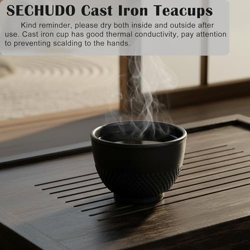 Japanese Cast Iron Tea Cups, Small and Heavy Teacups with no Handles, Japanese Style Cups for Adults, Asian Tea Cups, Coated with Enameled Interior, 4 Pcs/Box (Black, 5oz/150ml) - Image 4