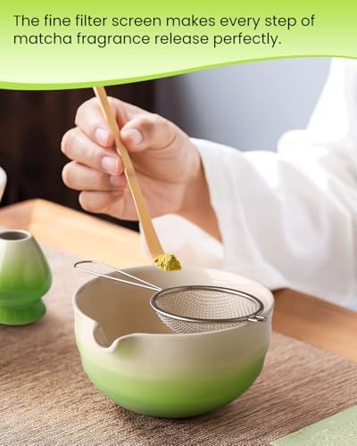 7 Piece Matcha Set, Green Resin Matcha Whisk, Macha Tea Set with Matcha Spoon, Whisk Holder, Matcha Brush, Shovel, Strainer, Matcha Accessories Japanese Tea Ceremony, Petal Green - Image 5