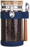 KKC Airtight Glass Coffee Canister 40 oz/1200 ml with Scoop, Holds 1 lb Whole Coffee Beans & Ground Coffee, Clear Storage Jar with Bamboo Lid & Silicone Base Protector for Coffee Bar, Blue by KKCHOMEACCENTSGmbH