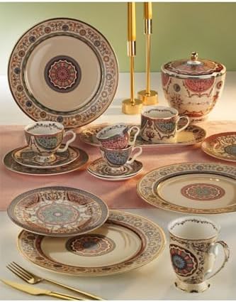 SODEF Rosea Bone Tea Cup and Saucer Set for One, 200cc Bone Porcelain with Functional Tray, Rich Traditional Motifs, Gold Accents, Multicolor - Image 3