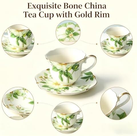 Vintage Porcelain Floral Tea Set — 22oz Teapot + 2 Tea Cup & Saucer Sets + 2 Gold Spoons | Porcelain Teapot and Cup Set, Tea for One/Tea Party Set (Green) - Image 7