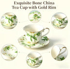 Vintage Porcelain Floral Tea Set — 22oz Teapot + 2 Tea Cup & Saucer Sets + 2 Gold Spoons | Porcelain Teapot and Cup Set, Tea for One/Tea Party Set (Green) - Image 7