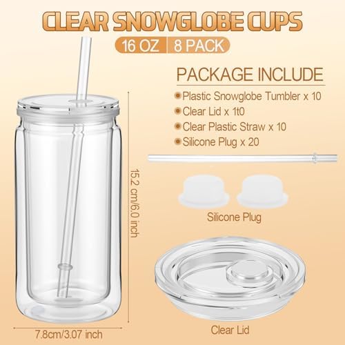 Willinglong 10 Pack 16 oz Snow Globe Cups Wall Double Acrylic Lid Straw - Image 2