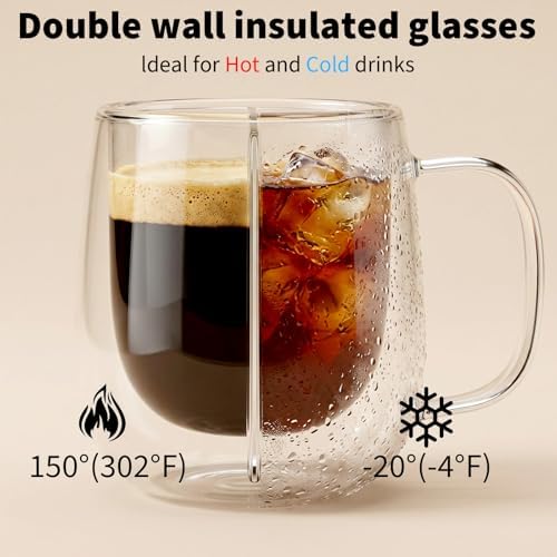 6 Pack Double Wall Glass Mugs 12 oz, Insulated Clear Coffee Cups with Handle – Heat Resistant Borosilicate Glass for Espresso, Latte, Cappuccino, Tea - Image 4