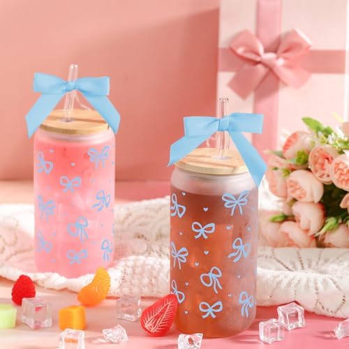 6 Sets 16oz Bow Glass Cups with Bamboo Lids Straws Tumbler,Blue - Image 3