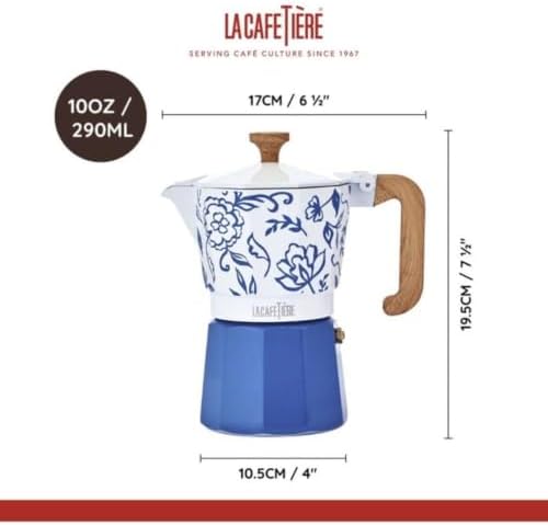La Cafetière Venice 6 Cup Espresso Maker, 290ml Aluminium Stovetop Coffee Maker with Floral Design, Gas and Electric Hob Moka Pot with Wooden Handle, Blu Fiorato - Image 5