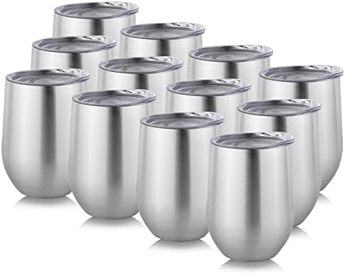 DOMICARE Stainless Steel Wine Tumbler Bulk with Lid, Personalized Insulated Tumblers Set, 12oz Travel Coffee Cups Pack of 12, Stainless steel by VisittheDOMICARE