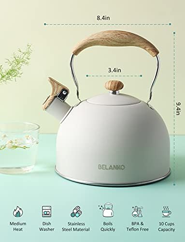 Tea Kettle, BELANKO 85 OZ / 2.5 Liter Whistling Tea Kettle Pots for Stove Top Food Grade Stainless Steel with Wood Pattern Folding Handle, Loud Whistle for Tea, Coffee, Milk - Milk White - Image 5