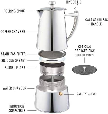 Cuisinox Roma Stovetop Espresso Maker COF-4R, Stainless Steel Coffee Percolator Stovetop, Heat-Resistant & Non-Reactive, 4-Cup Italian Espresso Maker Easy to Clean, Durable Stove Top Percolator - Image 4