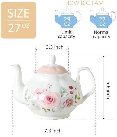 Rose Floral Complete Tea Set: 27oz Porcelain Teapot & 12-Piece 6oz Cup Set, Includes Teapot, 6 Cups & 6 Saucers, Dishwasher Safe, Elegant Gift Set - Image 5