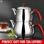 Hakan Teapot Set with Self Strainer Double Lids, Stainless Steel Maxi Double Bondy Tea Pot Set, Turkish Samovar Style, Tea Kettle for Loose Leaf Tea with Bakelite Handle | 1.25 + 2.10 Qt. - Image 6