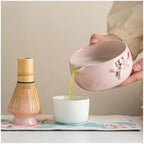 6PCS Pink Ceramic Matcha Bowl With Spout Handmade Flower Whisk Tool Gift Set - Image 2