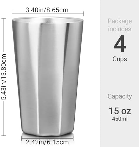 Beasea Stainless Steel Cups 15 oz, 4 Pack Large Stackable Double Wall Insulated Stainless Steel Tumbler Bulk for Drinking Metal Pint Glasses Tin Cups Home Restaurant Office Party Camping - Image 2