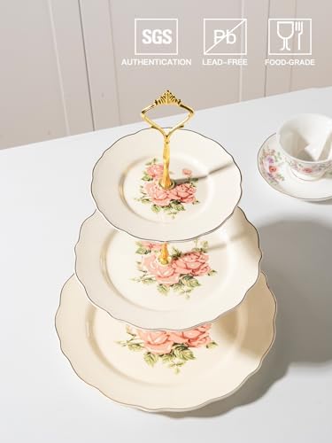 Sweejar 3 Tier Ceramic Cake Stand Wedding, Dessert Cupcake Stand for Tea Party Serving Platter(Rose) - Image 2