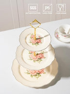Sweejar 3 Tier Ceramic Cake Stand Wedding, Dessert Cupcake Stand for Tea Party Serving Platter(Rose) - Image 2