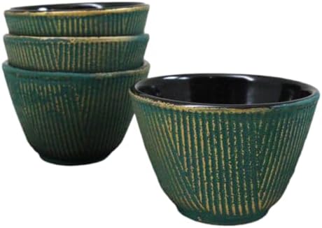 Ebros Gift Pack Of 4 Japanese Traditional Tetsubin Style Textured Surface Cast Iron Tea Cups Teacups Drinkware Tea Service Far East Decorative Accent (Green With Gold Hues) by EbrosGift