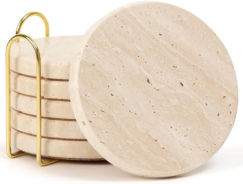 Travertine Marble Coasters Set of 6 with Holder, Cream Beige Stone by YONGHEE
